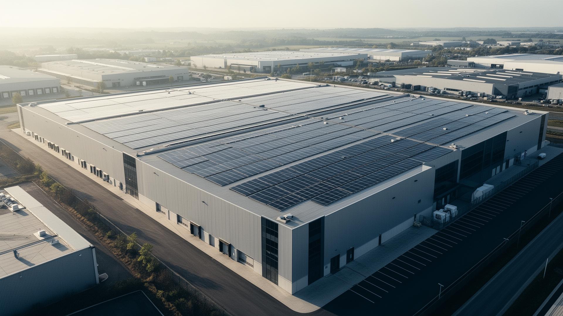 Aerial view of a commercial logistics warehouse with solar panels covering the rooftop