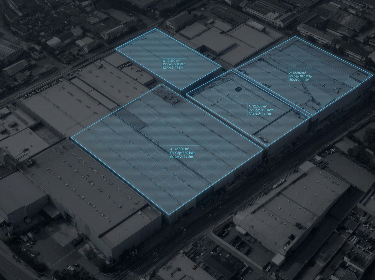Satellite-style analysis of commercial rooftops highlighted in electric blue